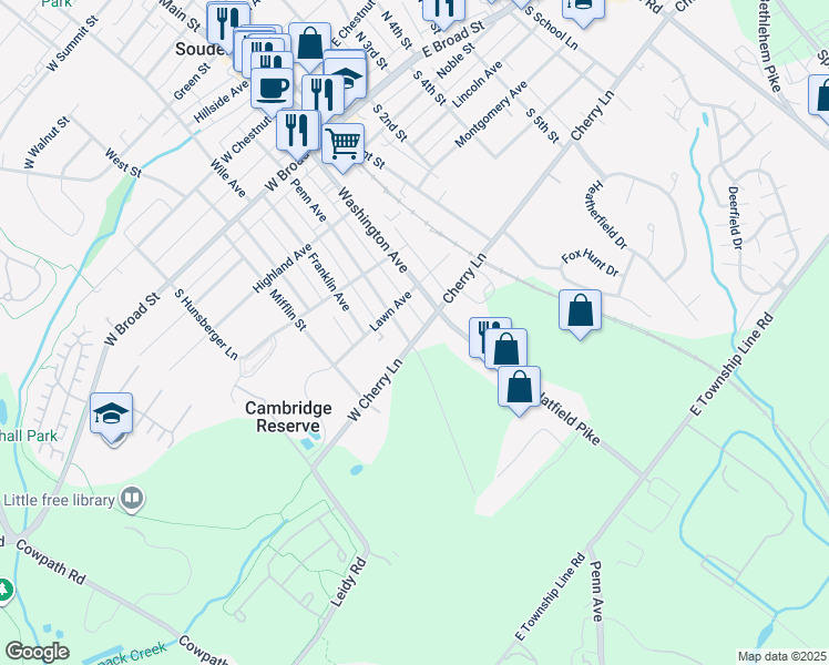 map of restaurants, bars, coffee shops, grocery stores, and more near 319 Penn Avenue in Souderton