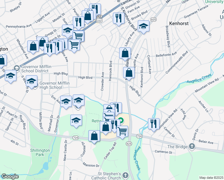 map of restaurants, bars, coffee shops, grocery stores, and more near 1735 Hancock Boulevard in Reading