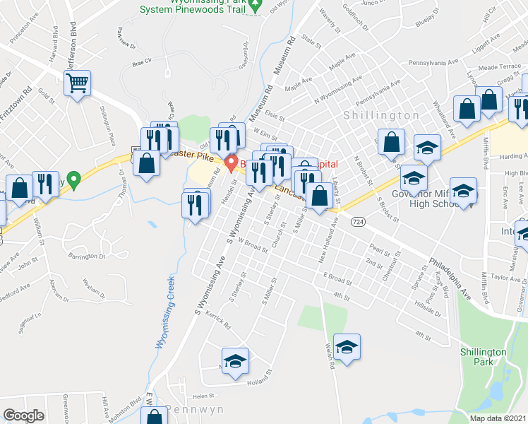 map of restaurants, bars, coffee shops, grocery stores, and more near 33 South Sterley Street in Shillington