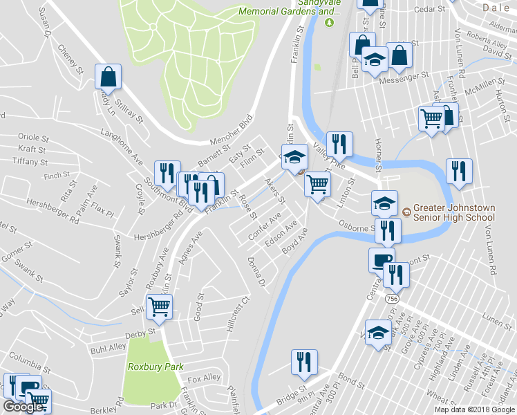 map of restaurants, bars, coffee shops, grocery stores, and more near 1117 Mc Kinley Avenue in Johnstown