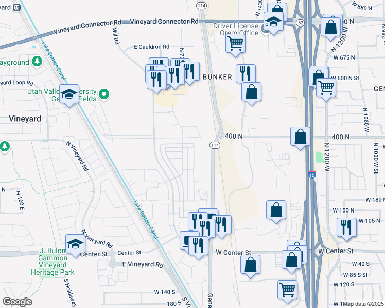 map of restaurants, bars, coffee shops, grocery stores, and more near 347 North 750 East Street in Vineyard
