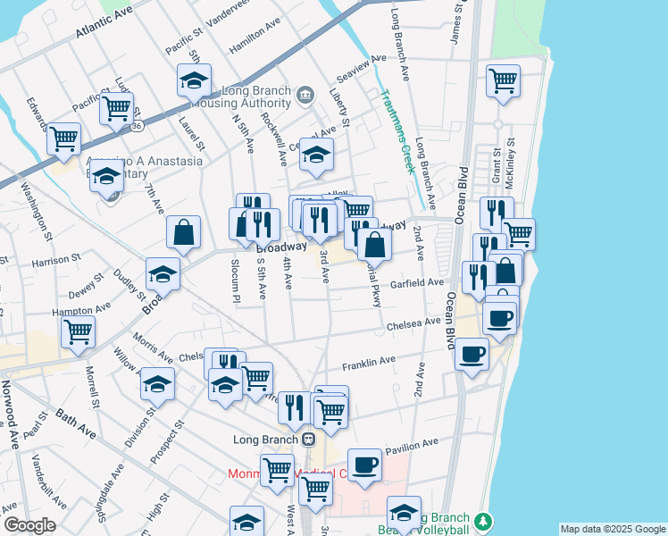 map of restaurants, bars, coffee shops, grocery stores, and more near 27 3rd Avenue in Long Branch