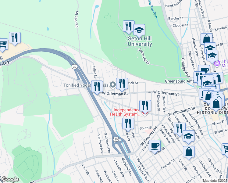 map of restaurants, bars, coffee shops, grocery stores, and more near 743 West Otterman Street in Greensburg