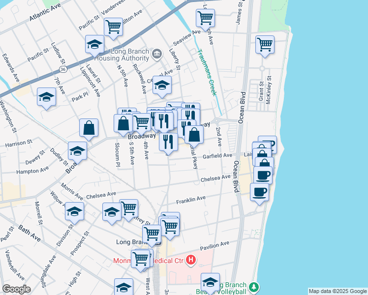 map of restaurants, bars, coffee shops, grocery stores, and more near 182 Belmont Avenue in Long Branch