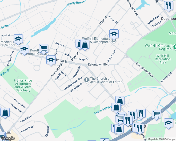 map of restaurants, bars, coffee shops, grocery stores, and more near 1 Meadowbrook Avenue in Eatontown