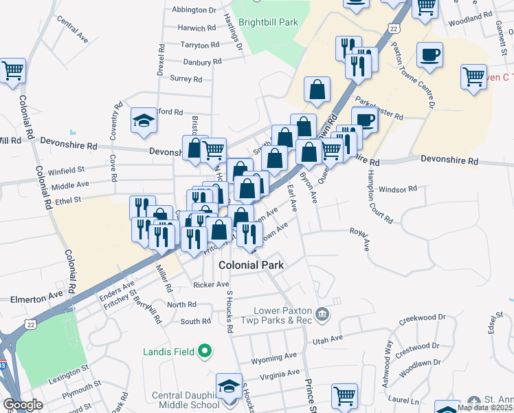 map of restaurants, bars, coffee shops, grocery stores, and more near 4747 Jonestown Road in Harrisburg