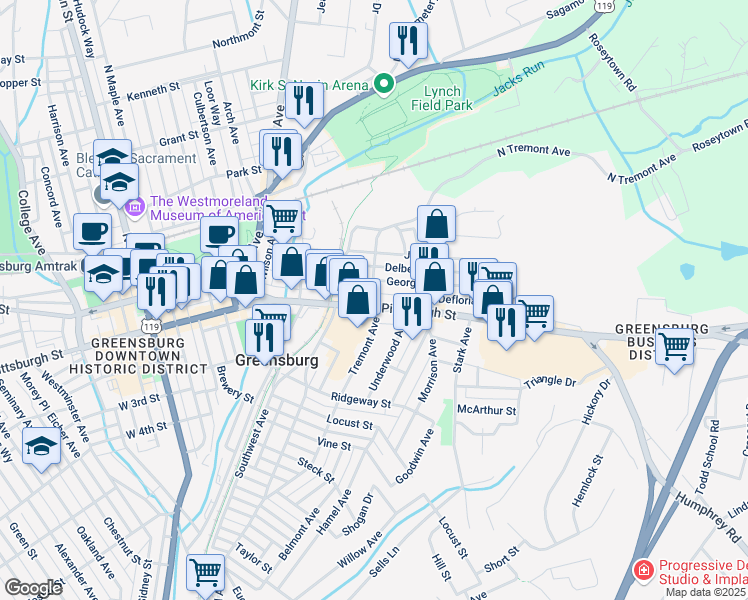 map of restaurants, bars, coffee shops, grocery stores, and more near 505 East Pittsburgh Street in Greensburg