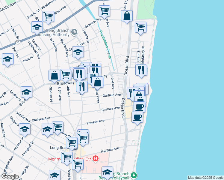 map of restaurants, bars, coffee shops, grocery stores, and more near 54 2nd Avenue in Long Branch