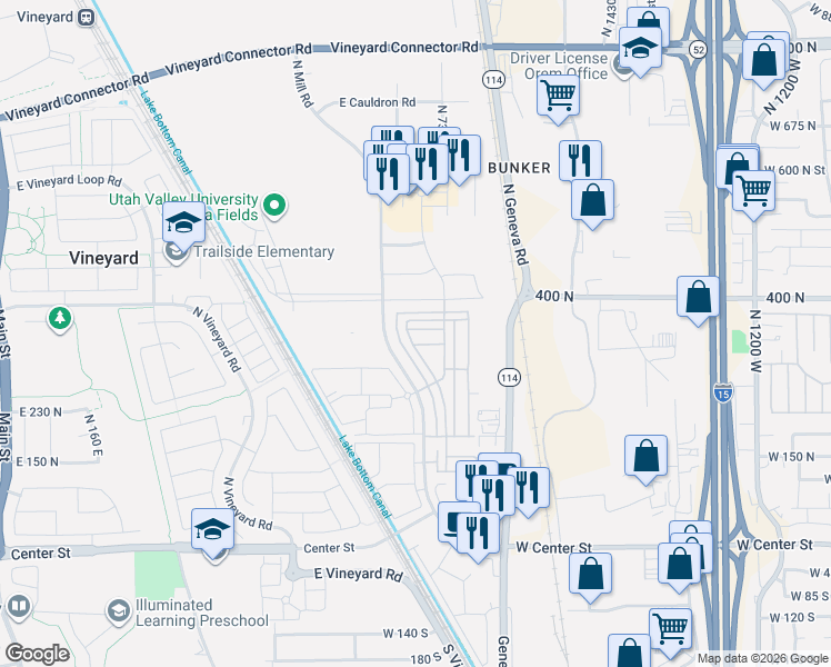 map of restaurants, bars, coffee shops, grocery stores, and more near 352 North 680 East in Vineyard