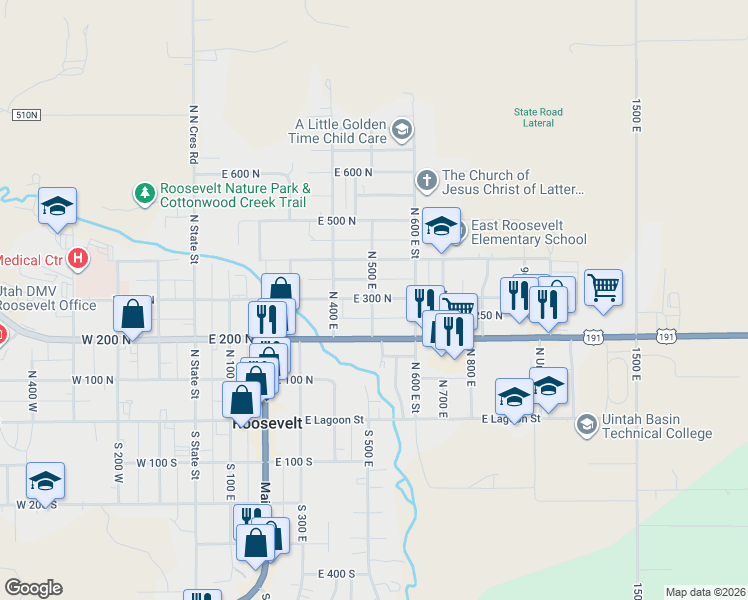 map of restaurants, bars, coffee shops, grocery stores, and more near 500 East 300 North in Roosevelt