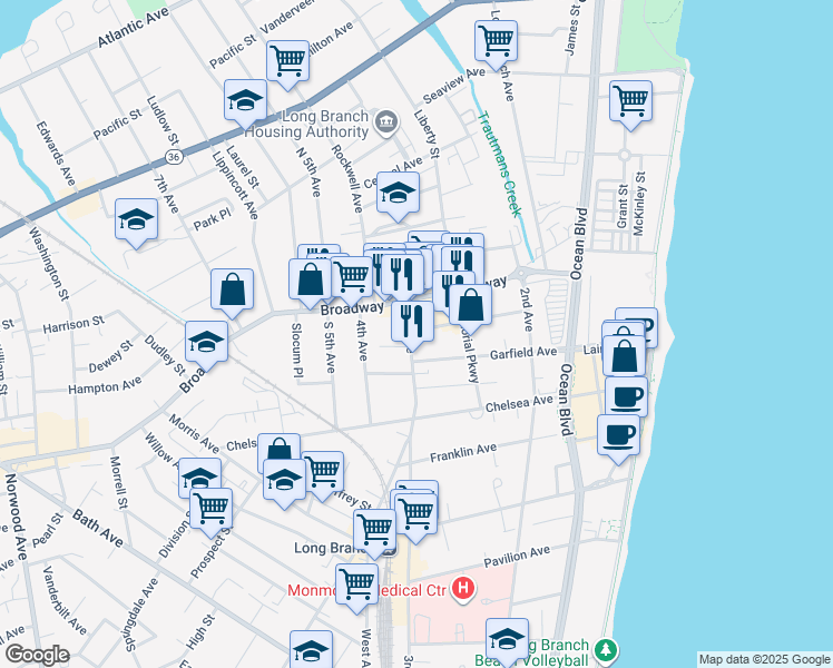 map of restaurants, bars, coffee shops, grocery stores, and more near 22 3rd Avenue in Long Branch