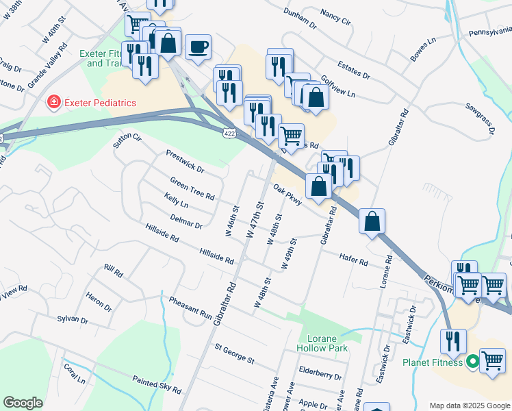 map of restaurants, bars, coffee shops, grocery stores, and more near 124 West 47th Street in Reading