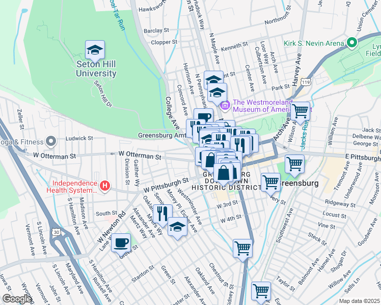 map of restaurants, bars, coffee shops, grocery stores, and more near 118 College Avenue in Greensburg