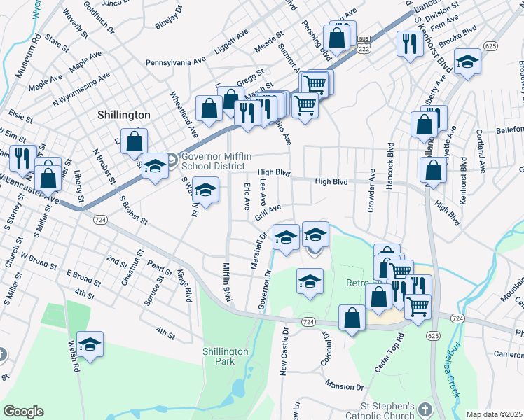 map of restaurants, bars, coffee shops, grocery stores, and more near 515 Grill Avenue in Reading