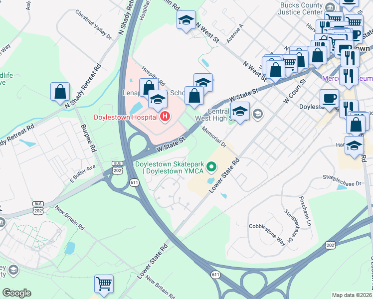 map of restaurants, bars, coffee shops, grocery stores, and more near 103 Progress Drive in Doylestown