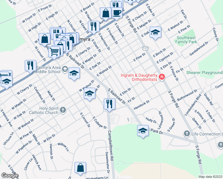 map of restaurants, bars, coffee shops, grocery stores, and more near 740 South Railroad Street in Palmyra