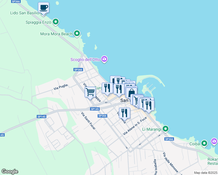 map of restaurants, bars, coffee shops, grocery stores, and more near 2 Via Duca D'Aosta in San Foca