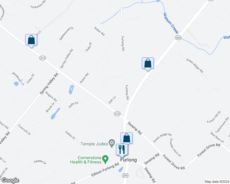 map of restaurants, bars, coffee shops, grocery stores, and more near 3654 Oak Lane in Furlong