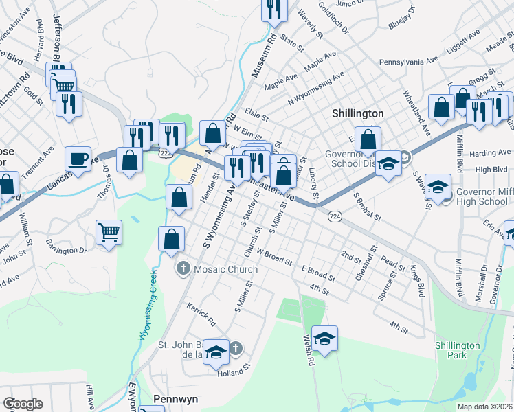 map of restaurants, bars, coffee shops, grocery stores, and more near 33 South Sterley Street in Shillington