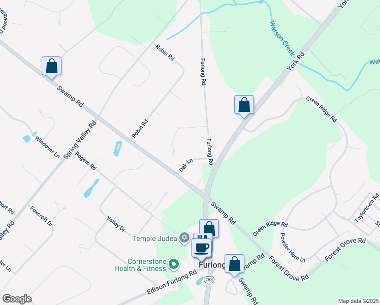 map of restaurants, bars, coffee shops, grocery stores, and more near 3654 Oak Lane in Furlong