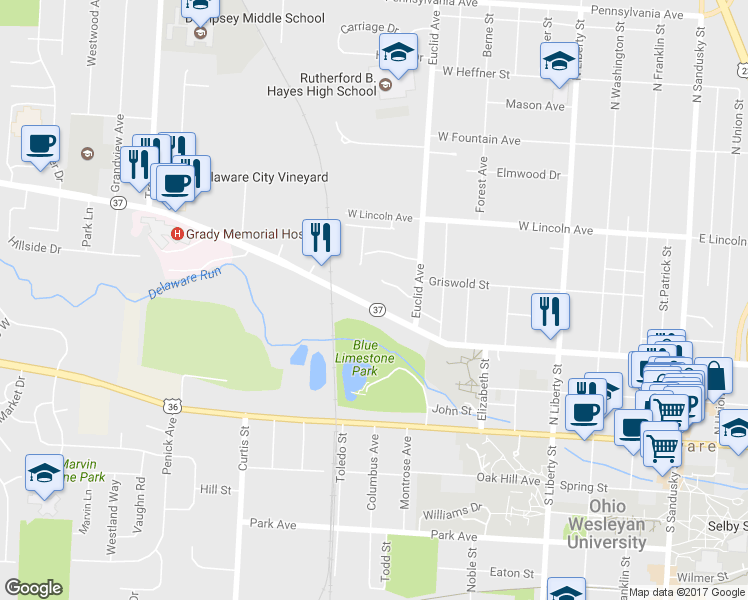 map of restaurants, bars, coffee shops, grocery stores, and more near 340 West Central Avenue in Delaware