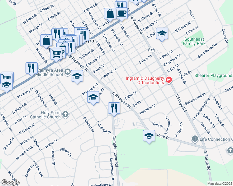 map of restaurants, bars, coffee shops, grocery stores, and more near 740 South Railroad Street in Palmyra