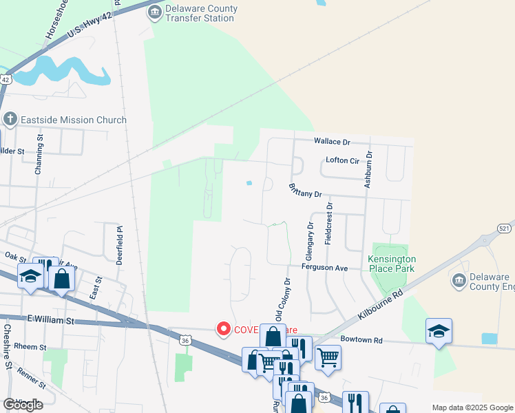 map of restaurants, bars, coffee shops, grocery stores, and more near 687 Wallace Drive in Delaware
