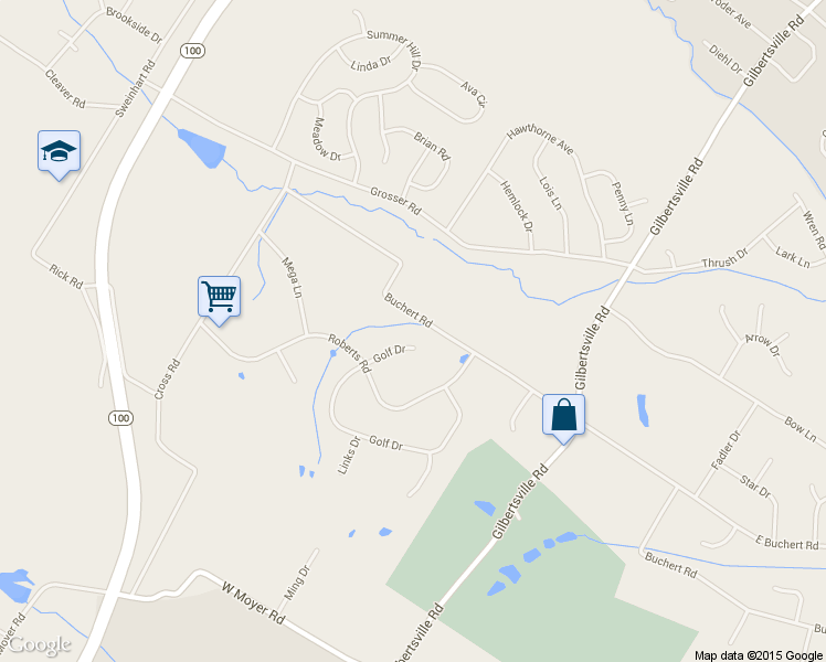 map of restaurants, bars, coffee shops, grocery stores, and more near 145 Golf Drive in Gilbertsville