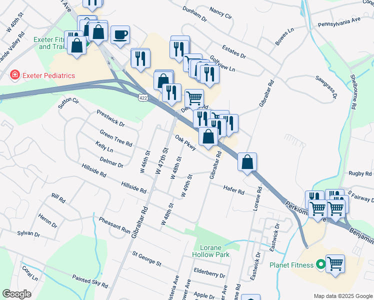 map of restaurants, bars, coffee shops, grocery stores, and more near 110 West 48th Street in Reading