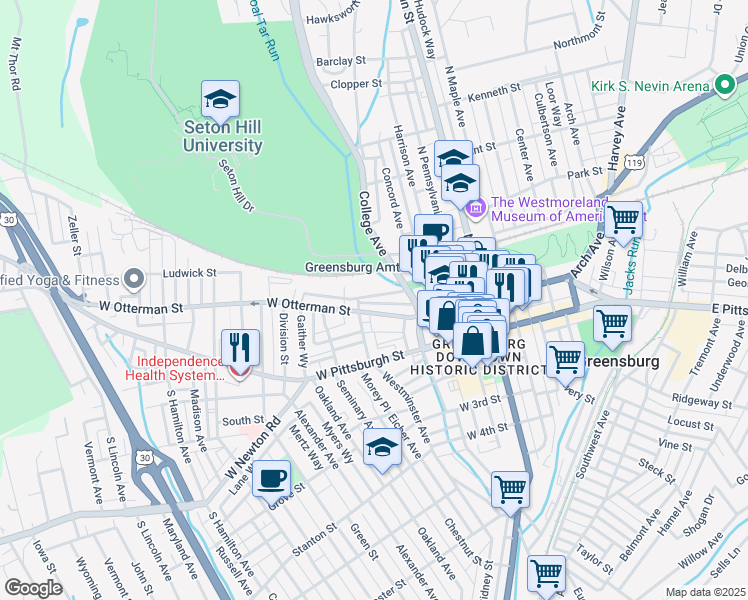 map of restaurants, bars, coffee shops, grocery stores, and more near 240 Brown Street in Greensburg