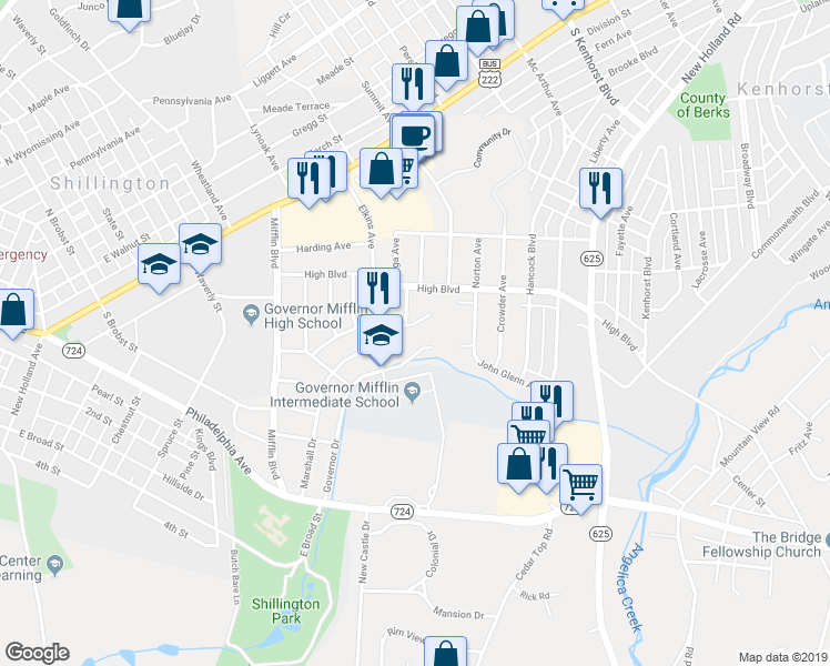 map of restaurants, bars, coffee shops, grocery stores, and more near 700 East Grill Avenue in Reading