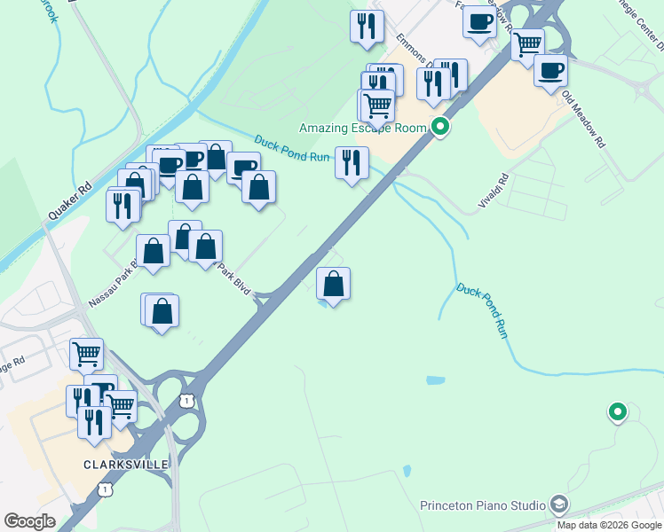 map of restaurants, bars, coffee shops, grocery stores, and more near 3450 Brunswick Pike in Princeton