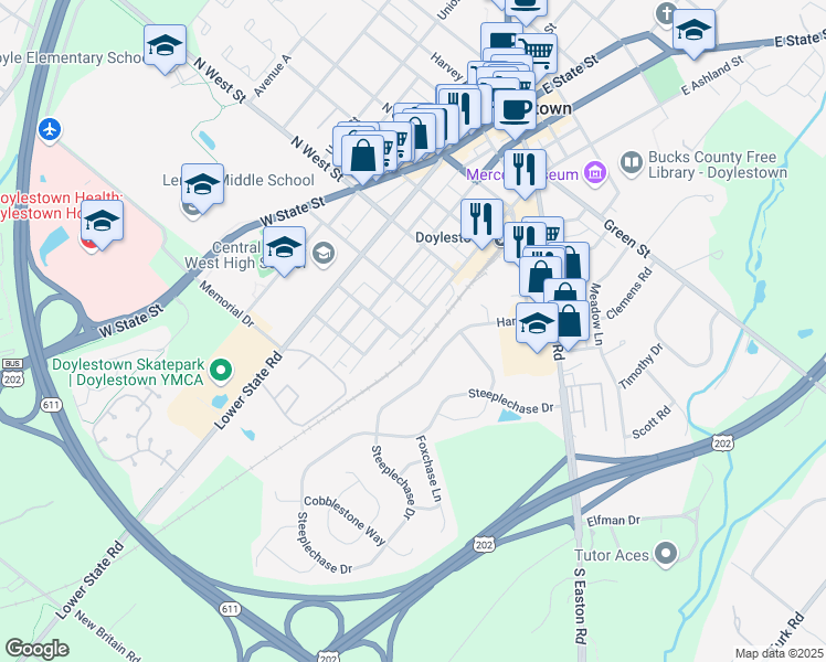 map of restaurants, bars, coffee shops, grocery stores, and more near 260 West Ashland Street in Doylestown