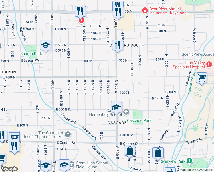map of restaurants, bars, coffee shops, grocery stores, and more near 345 North 750 East Street in Orem