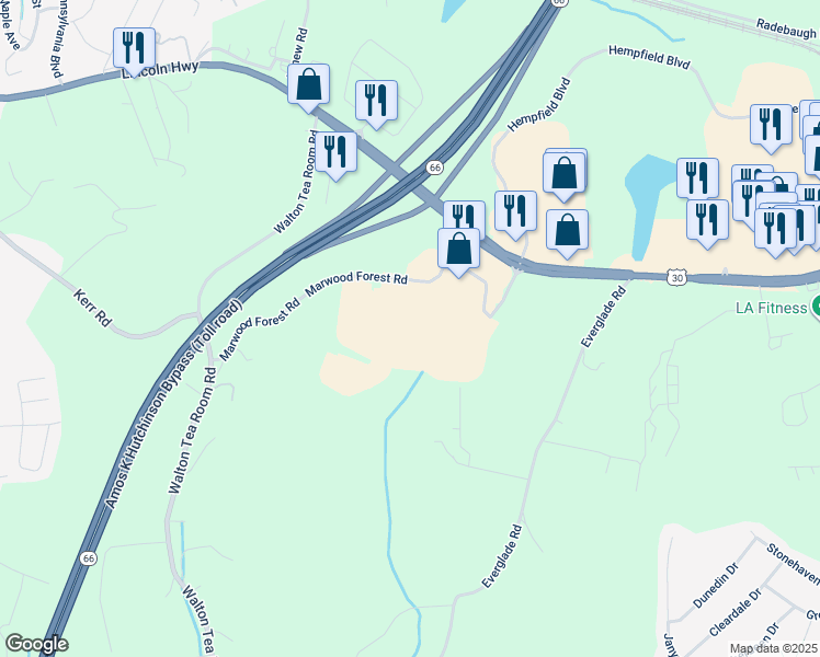 map of restaurants, bars, coffee shops, grocery stores, and more near 6206 U.S. 30 in Greensburg