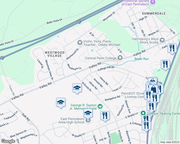map of restaurants, bars, coffee shops, grocery stores, and more near 353 Raymond Road in Enola