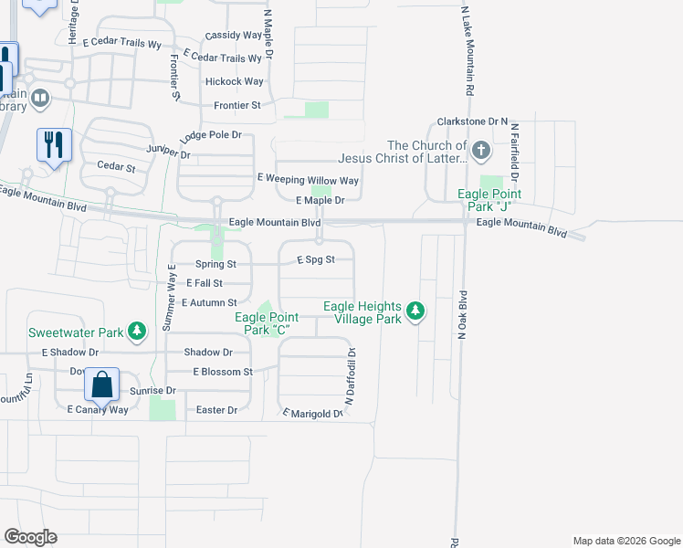 map of restaurants, bars, coffee shops, grocery stores, and more near 2395 East Boxwood Lane in Eagle Mountain