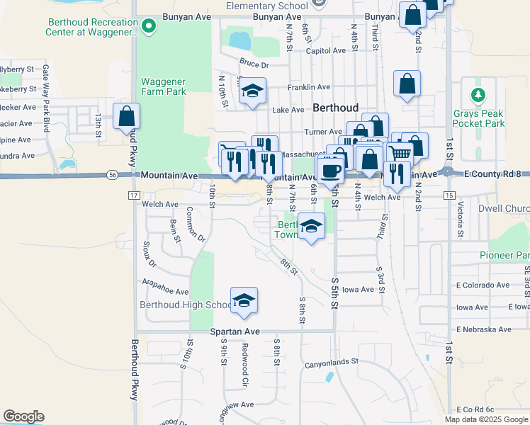 map of restaurants, bars, coffee shops, grocery stores, and more near 832 Gentlewind Way in Berthoud