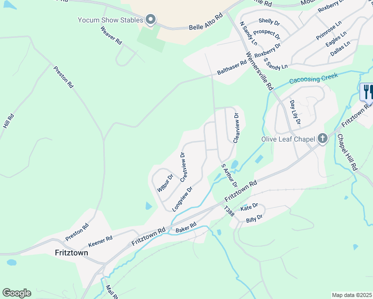 map of restaurants, bars, coffee shops, grocery stores, and more near 10 Crestview Drive in Sinking Spring