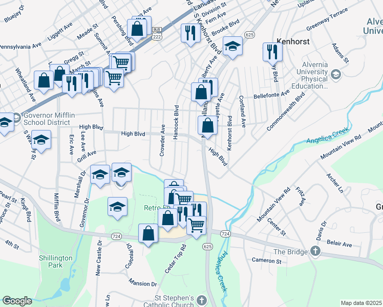 map of restaurants, bars, coffee shops, grocery stores, and more near 1736 Liberty Avenue in Reading