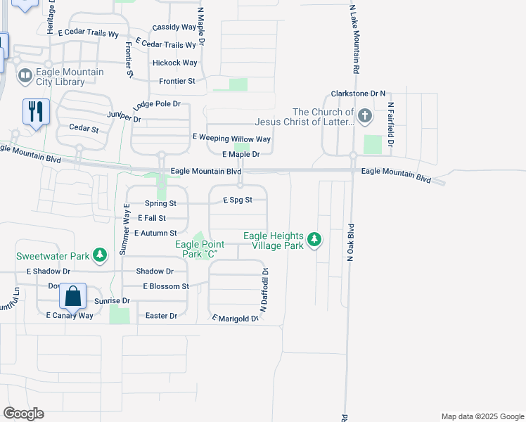 map of restaurants, bars, coffee shops, grocery stores, and more near 2415 East Boxwood Lane in Eagle Mountain