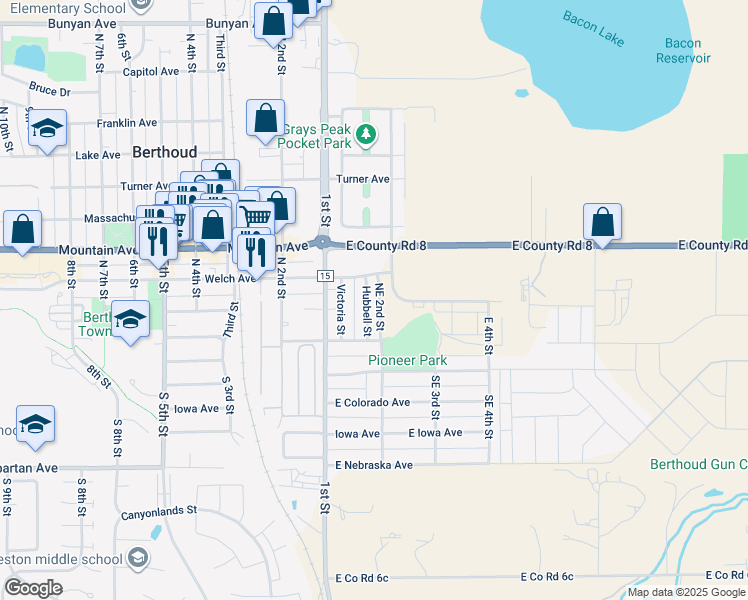 map of restaurants, bars, coffee shops, grocery stores, and more near 304 Hubbell Street in Berthoud