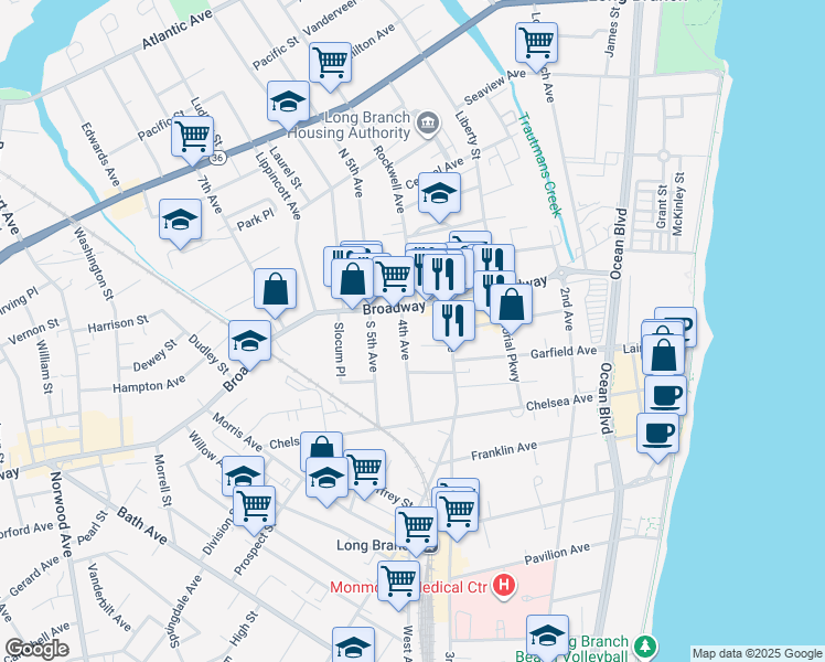 map of restaurants, bars, coffee shops, grocery stores, and more near 17 4th Ave in Long Branch