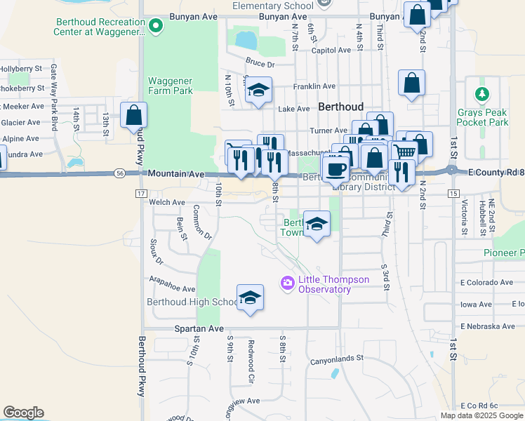 map of restaurants, bars, coffee shops, grocery stores, and more near 832 Gentlewind Way in Berthoud