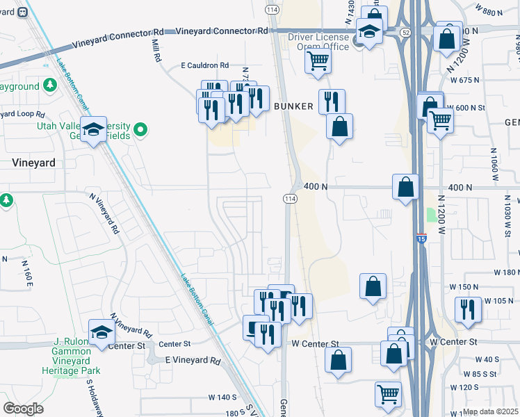 map of restaurants, bars, coffee shops, grocery stores, and more near 352 North 750 East Street in Orem