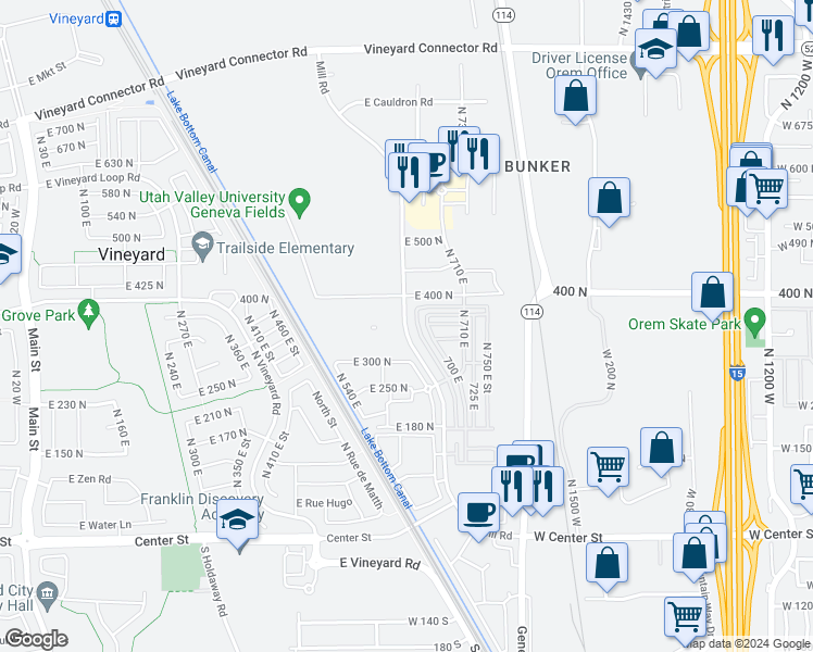 map of restaurants, bars, coffee shops, grocery stores, and more near 352 North 680 East in Vineyard