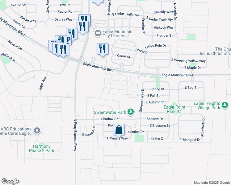 map of restaurants, bars, coffee shops, grocery stores, and more near 1791 East Tumwater Lane in Eagle Mountain
