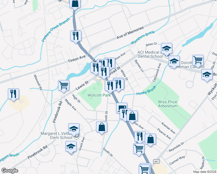 map of restaurants, bars, coffee shops, grocery stores, and more near 36 South Street in Eatontown