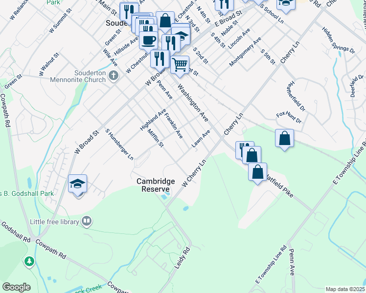 map of restaurants, bars, coffee shops, grocery stores, and more near 247 Franklin Avenue in Souderton