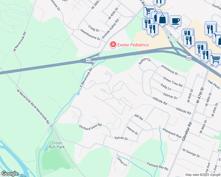 map of restaurants, bars, coffee shops, grocery stores, and more near 30-1 Wister Way in Reading